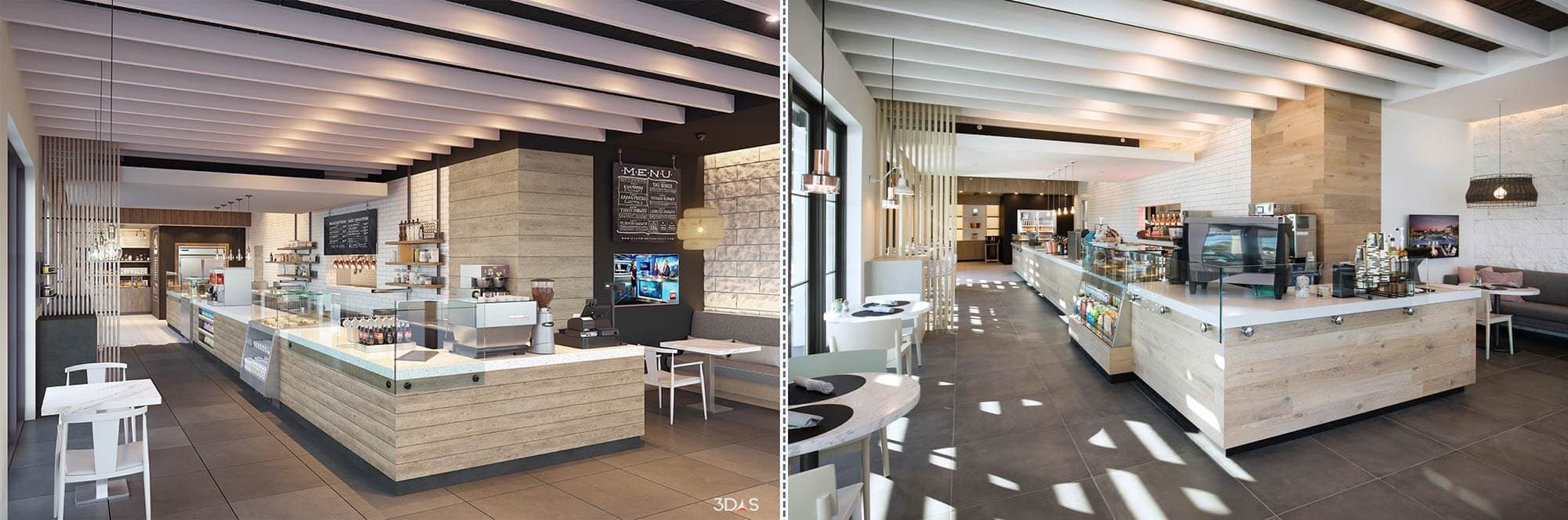 Bistro 3D Rendering (Left) and Photo (Right) in Kalea Bay, Naples, Florida