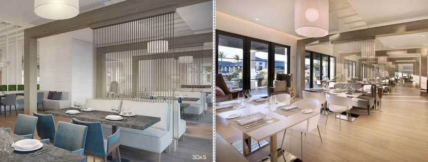 Kalea Bay Dining Room 3D Rendering (Left) and Photo (Right)
