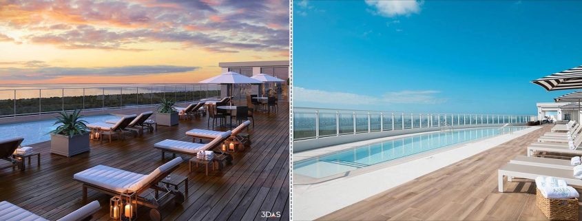 Kalea Bay Rooftop View from Tower 3D Rendering (Left) and Photo (Right)