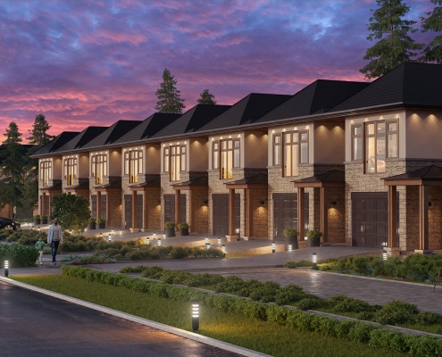 3D Rendering of Onyx / Polly residential community at sunset. Finished in 4 days, no CAD.