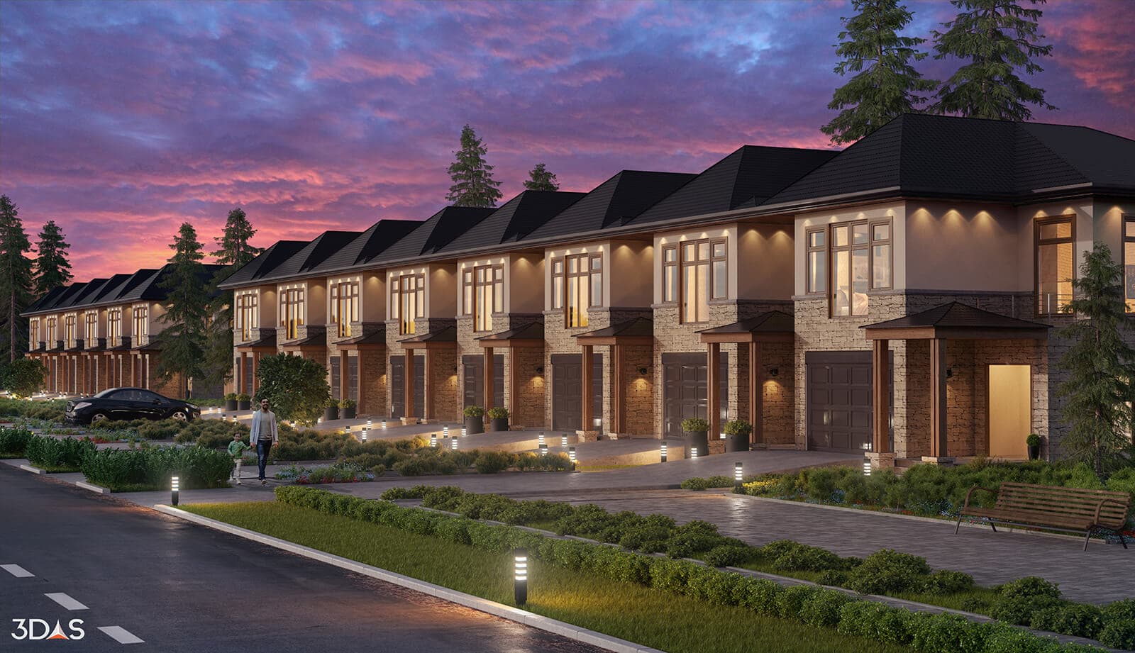 3D Rendering of Onyx / Polly residential community at sunset. Finished in 4 days, no CAD.