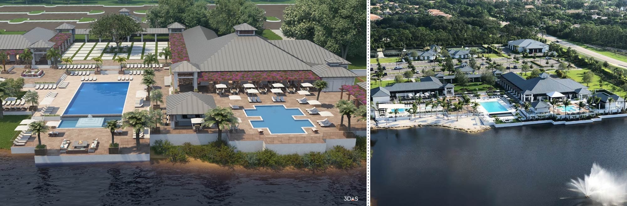 Kalea Bay Aerial Clubhouse 3D Rendering (Left) and Photo (Right)