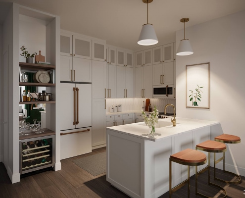 Kitchen 3D Rendering (Evening). Devine Maple Residences Located in Columbia, South Carolina