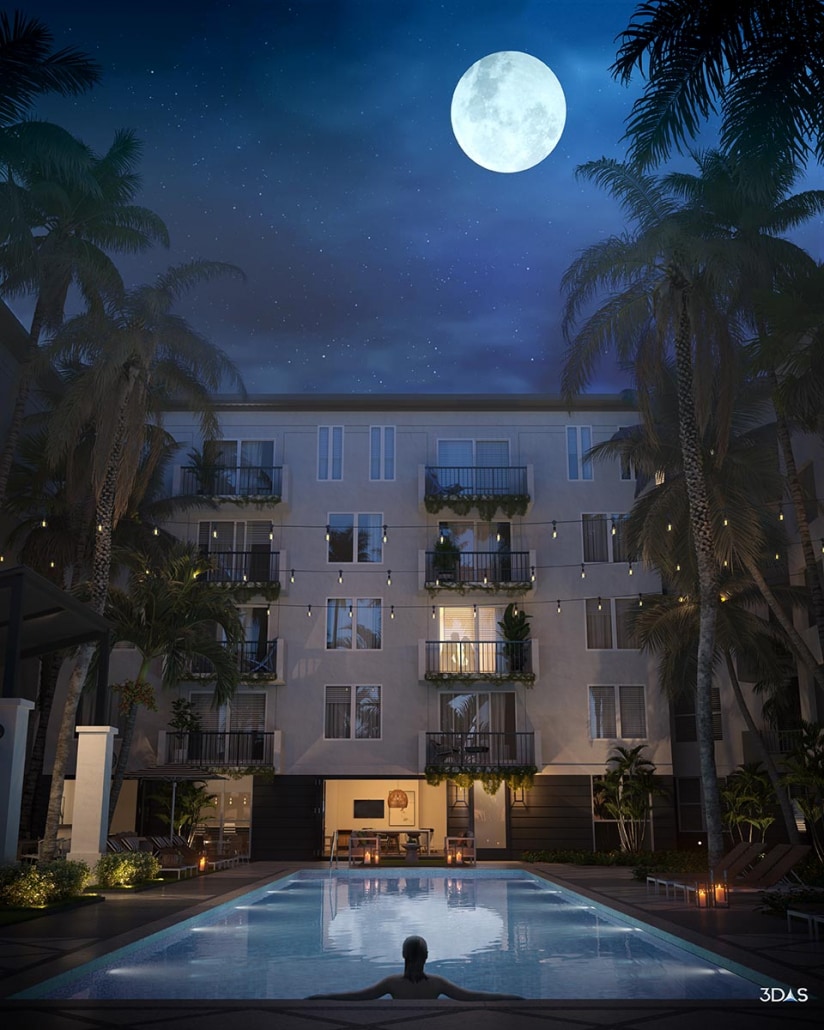 Moonlit Miami Pool 3D Rendering at Avana Bayview Apartments