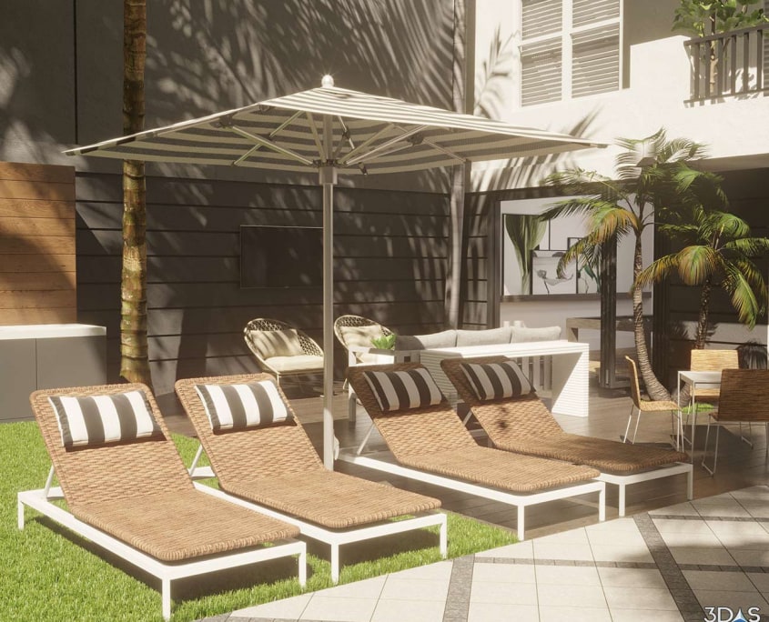 Early Morning Resort Pool Lounge Area 3D Rendering