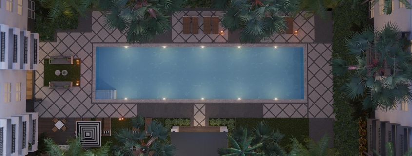 Dusk Pool Resort Floorplan / Birds Eye 3D Rendering for Avana Bayview