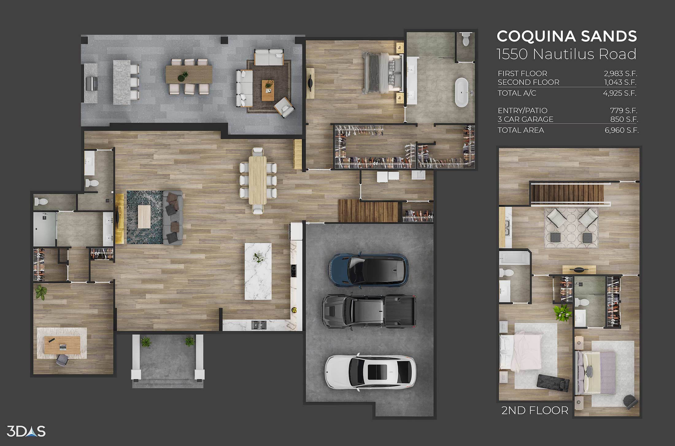 1st and 2nd story 3D floorplan for a residential home in the Coquina Sands community. 1550 Nautilus is located in Naples, Florida.