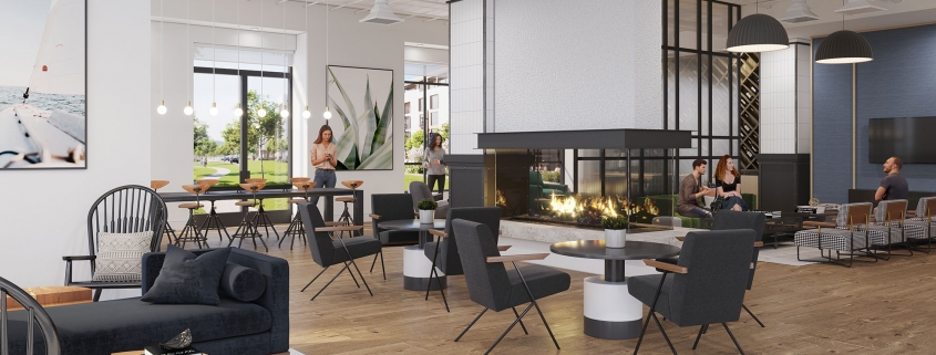 Edge on Hudson club lounge 3D rendering with fireplace - Includes 2D & 3D People