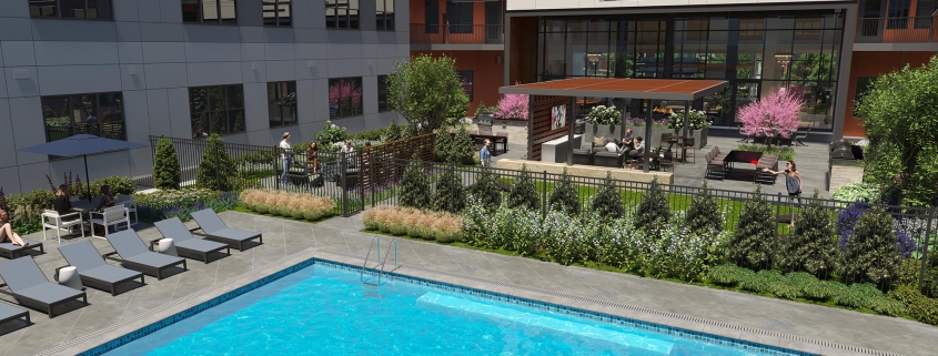 Courtyard with Pool 3D Rendering for Federal Hill located in Baltimore, Maryland.
