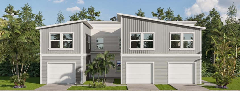 Kaicasa 3D Elevation Rendering. Triplex two-story contemporary residential architecture.