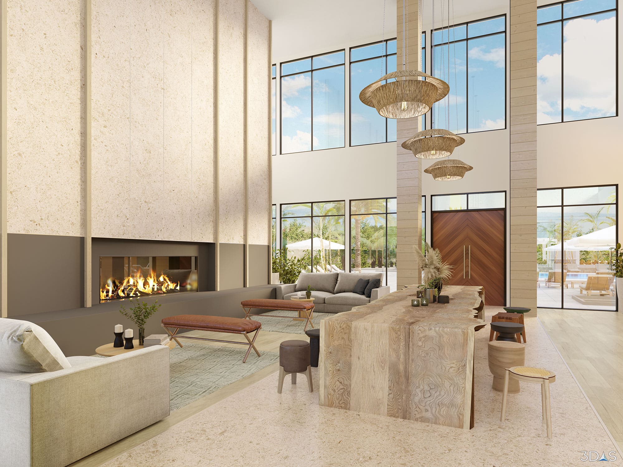 Amenity Center Lobby 3D Rendering for Infield, a 384 Multi-Family Apartment Complex