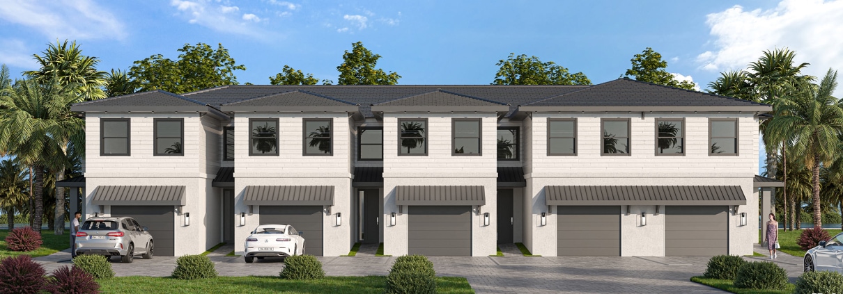 3D architectural rendering 5-plex condos includes slate tile and metal roofs with a charcoal and white color scheme.