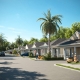 A 3D rendering of a residential street with single-story houses, lush landscaping, palm trees, and parked cars under a clear sky.