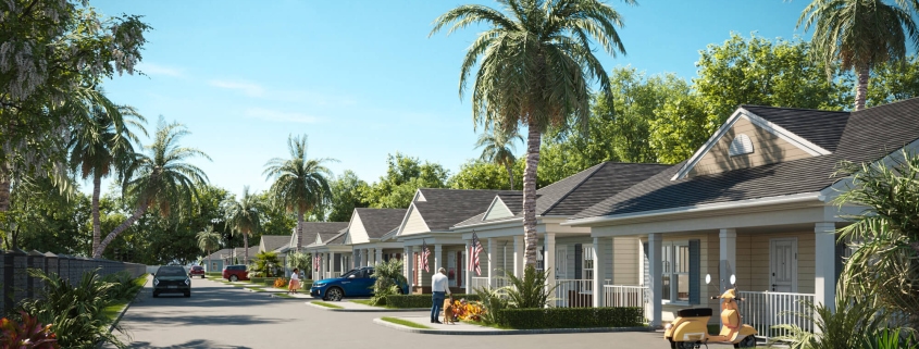 A 3D rendering of a residential street with single-story houses, lush landscaping, palm trees, and parked cars under a clear sky.