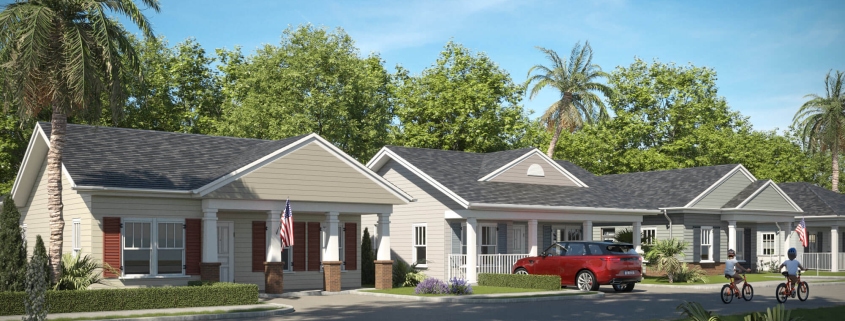 3D rendering of a suburban home with a red car and children on bikes.