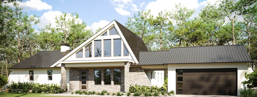 This 3D image depicts a contemporary two-story house with a striking gabled roof, large windows, and an attached garage, set against a backdrop of tall pines.