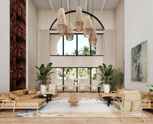 3D rendering of Modern living room with natural light, tropical view, and bohemian style decor.