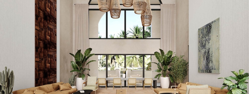 3D rendering of Modern living room with natural light, tropical view, and bohemian style decor.
