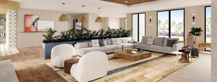 3D rendering of Spacious and modern co-working room with natural light, contemporary furniture, and indoor plants.