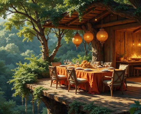 AI rendering of A wooden deck surrounded by trees, with a table set for six. It is adorned with an orange tablecloth and lit by hanging lanterns. A cozy room with a fireplace is visible inside.