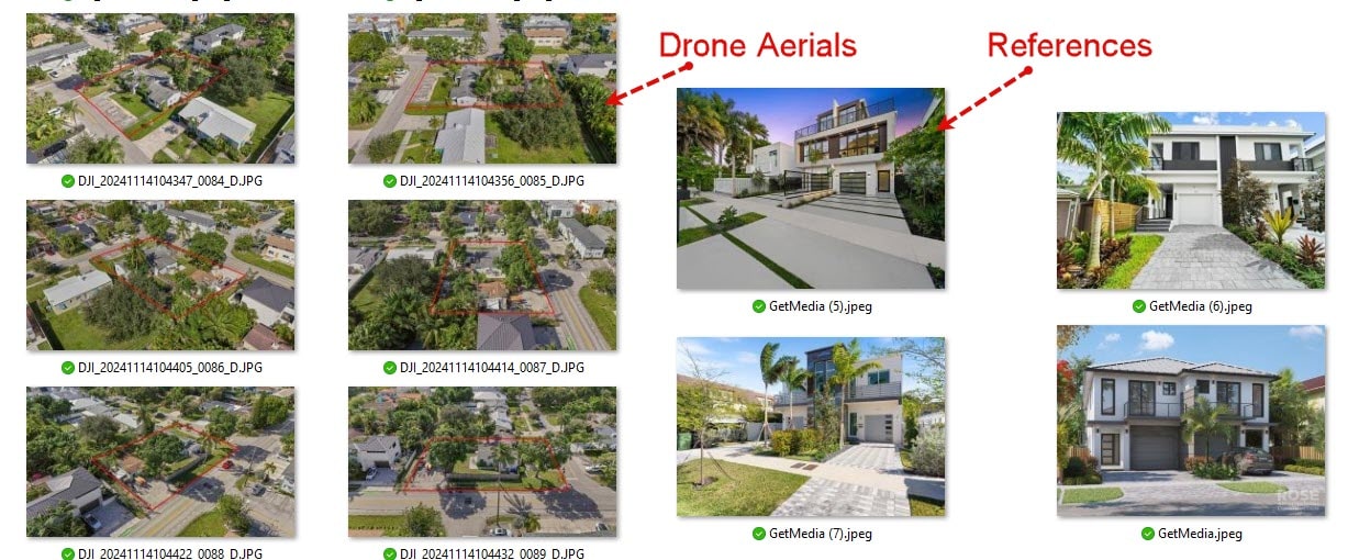 A grid of aerial and reference photos of houses. Left side shows drone aerials; right side includes ground-level reference images.
