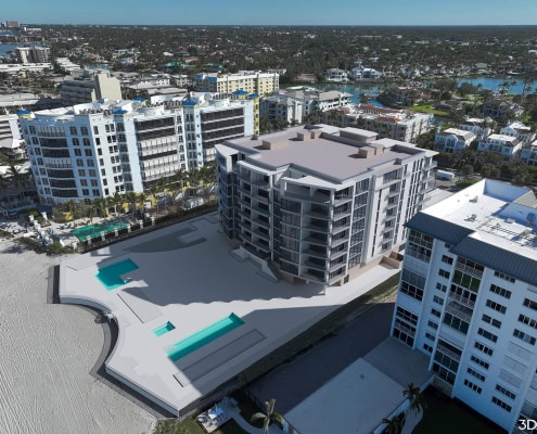 3D rendering of Aerial view of a modern beachfront condominium complex under construction, carefully designed to protect Naples beach condo views. It features two swimming pools on a spacious patio, surrounded by completed buildings and a pristine sandy beach.
