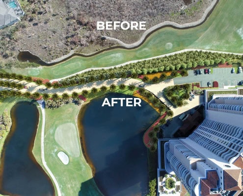 Aerial view showing a landscape transformation by Hurricane Renovations; the top half labeled "BEFORE" has sparse greenery, while the bottom half labeled "AFTER" features added ponds, trees, and a building.