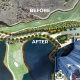 Aerial view showing a landscape transformation by Hurricane Renovations; the top half labeled "BEFORE" has sparse greenery, while the bottom half labeled "AFTER" features added ponds, trees, and a building.