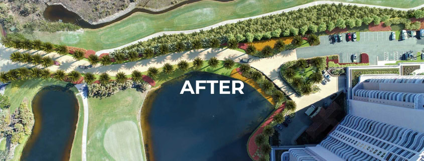 Aerial view showing a landscape transformation by Hurricane Renovations; the top half labeled "BEFORE" has sparse greenery, while the bottom half labeled "AFTER" features added ponds, trees, and a building.